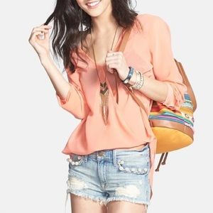 WAYF Coral Chiffon Surplice Wrap Long Sleeve Top S